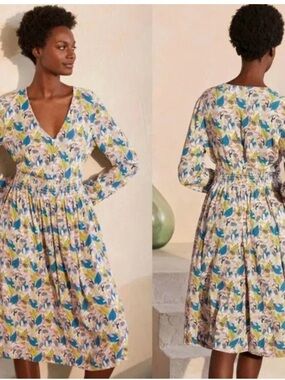 Boden Cream Floral Long-Sleeve V-Neck Dress with Teal and Mustard Leaves